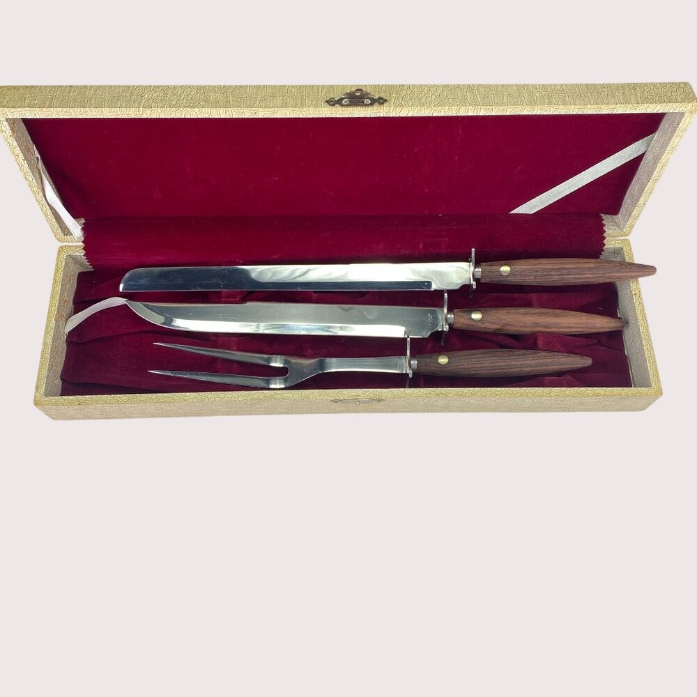 Vintage MCM Stainless Steel Wood Handles Carving Set 3 Pc Set with Box Japan